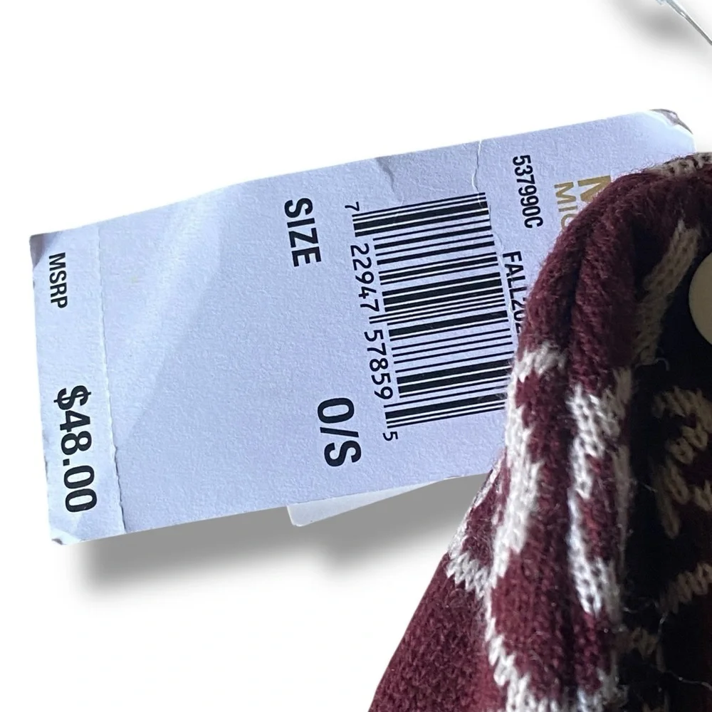 Michael Kors Rib Knit Beanie All-Over MK Print Burgundy White One Size NWT